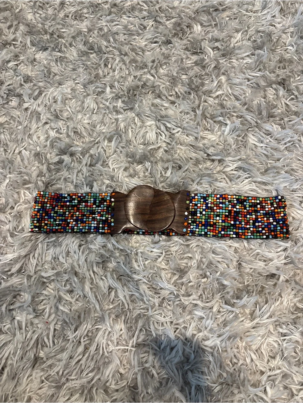 Y2K Vintage Boho Beaded Stretch Belt Multi Color Glass Beads Carved Wood Clasp